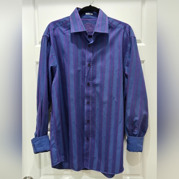 BUGATCHI BUTTON UP DRESS SHIRT FLIP CUFF BLUE & PURPLE STRIPE MEN XL SHAPED FIT - Picture 2 of 11